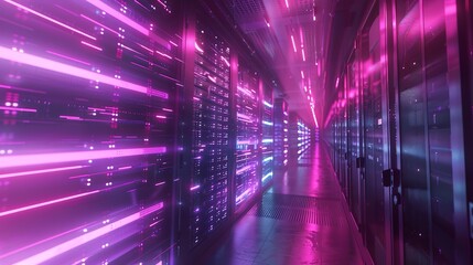 "Long Narrow Hallway with Reflective Floor and Ceiling Lights &ndash; Data Center with Server Racks and Vanishing Point Effect"