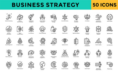 Business Strategy icons set with market positioning, industry benchmarking, competitive intelligence, unique selling proposition, blue ocean strategy, five forces porter icon. Simple line vector 
