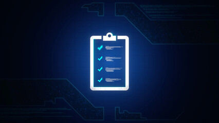 Digital Clipboard with Checklist for Quality Assessment in a Futuristic Blue Circuit Design, Technology and Compliance Concept