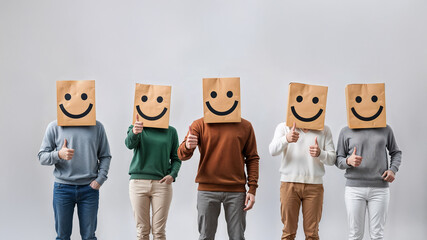 Team with Paper Bags on Heads Displaying Positive Emotions Giving Thumbs Up Symbolizing Unity and Teamwork