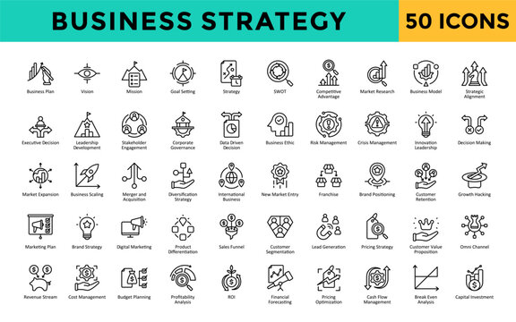 Business Strategy icons set with business plan, vision, mission, goal setting, strategy, swot, competitive advantage, market research, business model, strategic alignment icon. Simple line vector 
