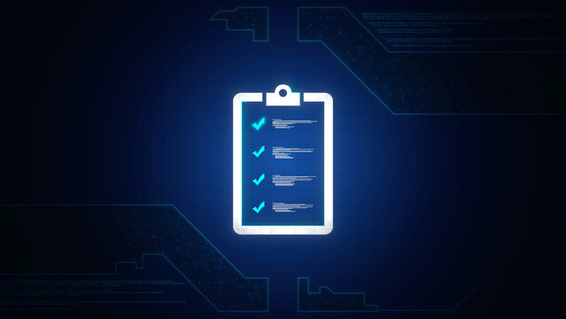 Digital Clipboard with Checklist for Quality Assessment in a Futuristic Blue Circuit Design, Technology and Compliance Concept