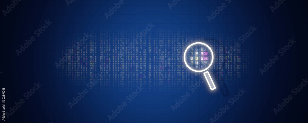 Poster high-tech digital security concept with magnifying glass scanning for viruses on glowing blue data s