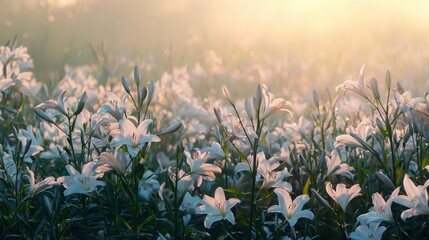 A field of blooming Easter lilies under a soft morning light."