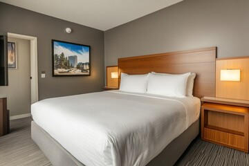 Modern hotel bedroom with king bed, wood headboard, and city view artwork.