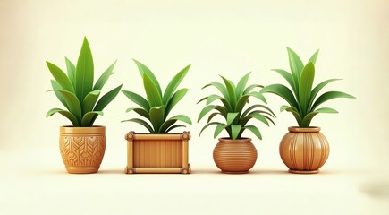 Obraz premium Stylish Houseplants in Wooden Pots Modern Home Decor with Green Plants