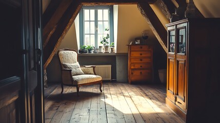 Attic Room Interior with Armchair and Wooden Furniture in Sunlight