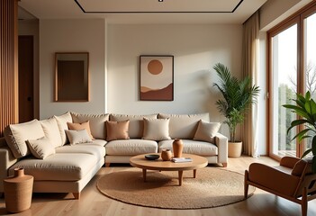 Serene Japandi Living: A Stylish Interior Featuring a Beige Sofa, Natural Wood Furniture, Clean Lines, and Neutral Decor Accented with Handcrafted Pottery, Woven Rugs, and Indoor Plants in Calming Lat