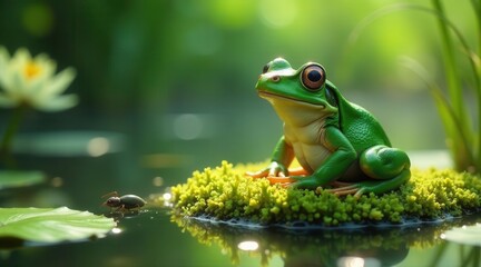 Obraz premium A Vibrant Green Frog Perched Serenely on a Lush Mossy Island in a Tranquil Pond, a Tiny Insect Nearby