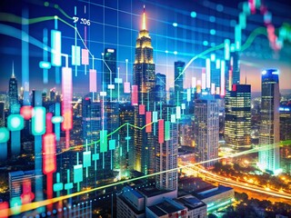 City Lights & Stock Market Candlestick Chart: Nighttime Financial District Documentary Photography