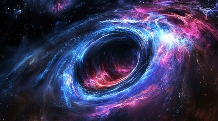 A black hole emitting vibrant blue and purple energy distortions