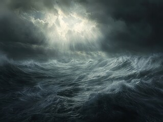 Fototapeta premium Dramatic Ocean Waves Under Dark Stormy Clouds with Rays of Light Breaking Through the Gloomy Atmosphere of a Turbulent Seascape