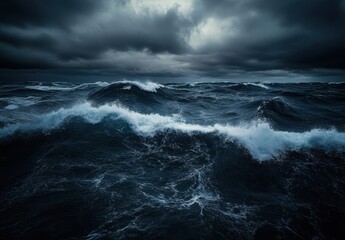 Obraz premium Dramatic Ocean Waves Under Dark Clouds with Vibrant Turbulence and High Contrast Amidst an Ominous Sky in a Stormy Atmosphere