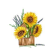 Composition of Sunflowers with Lavender in wooden decorative house, hand drawn marker illustration in watercolor technique. For postcards, greeting cards, stickers, prints for clothing, shoppers, etc