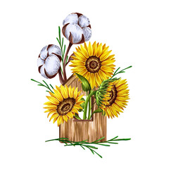 Composition of Sunflowers with Cotton in wooden decorative house, hand drawn marker illustration in watercolor technique. For postcards, greeting cards, stickers, prints for clothing, shoppers, etc