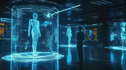 A futuristic concept of AI-powered tech support, with virtual assistant holograms assisting users.