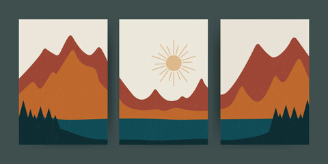 Aesthetic abstract wall decoration poster or for your print. Collection of four landscape backgrounds. Sunset, sun, mountains and beach illustrations.
