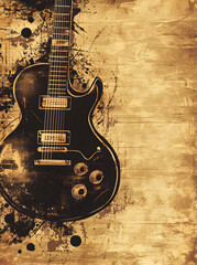 Vintage Guitar on Textured Background, Evoking Nostalgia and Musical Expression with Sepia Tones and Artistic Splatter Effects in Retro Style