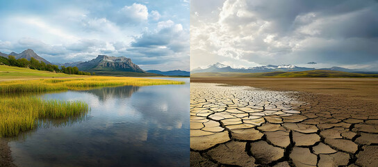 Visualizing climate change, juxtaposition of vibrant ecosystem and arid landscape showcasing contrast in environmental conditions impacts on ecology and water scarcity