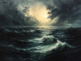 Fototapeta premium Dramatic Seascape Under a Dark Sky with Turbulent Waves and Hints of Golden Light Breaking Through Thick Clouds at Sunset