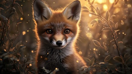 Fototapeta premium Playful Red Fox in a Glowing Forest with Soft Light Effects