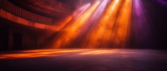 Smoky stage: Orange and violet light rays in empty theater 