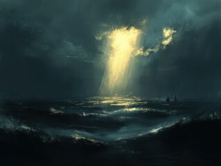 Dramatic Seascape with Rays of Light Breaking Through Dark Clouds Over Turbulent Waters and Silhouetted Sailboats in Distance at Dusk