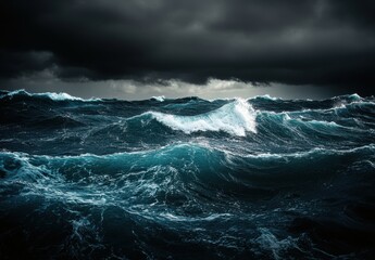Fototapeta premium Dramatic Seascape with Powerful Turbulent Waves and Dark Storm Clouds Over the Ocean Creating a Striking Contrast and Ominous Atmosphere