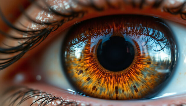 close up of vibrant brown eye with intricate patterns and reflections