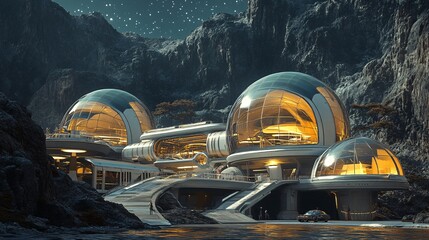 A futuristic space station surrounded by protective energy domes