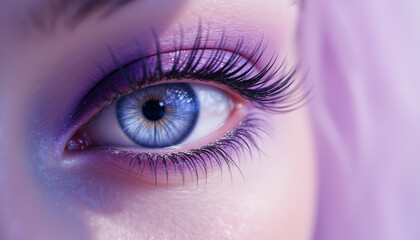 captivating close up of blue eye with vibrant makeup and long lashes