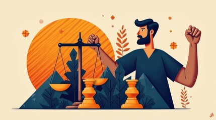 A stock illustration representing Unity in orange and navy blue, with geometric forms and metaphors of scales of justice and raised fists, using texture overlays for complexity.
