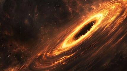 A black hole bending time and space, distorting glowing energy waves