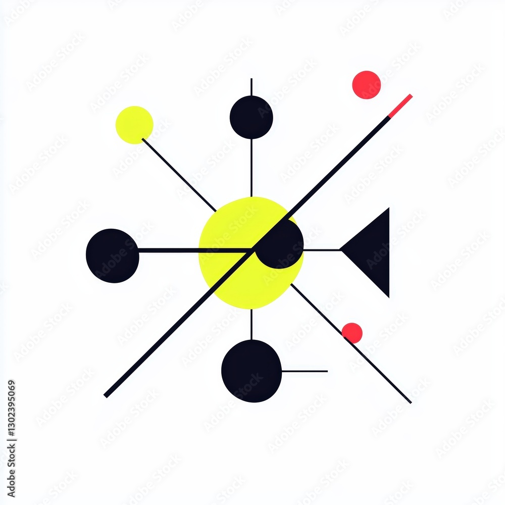 Poster geometric composition: a vibrant abstract design featuring circles lines and a triangle arranged in 