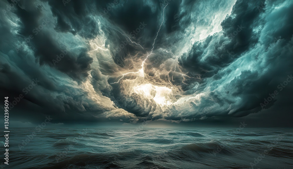 Poster dramatic storm over ocean with lightning and dark clouds creating a powerful and turbulent atmospher