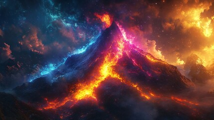 Naklejka premium A mystical volcano erupting with neon-colored lava and energy bursts