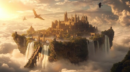 Surreal landscape enchanted castle in the sky - a digital art dreamlike experience