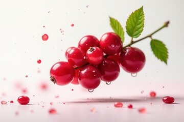 Vibrant Red Berries Suspended in Air with Splashing Juice Droplets on a Pale Pink Surface