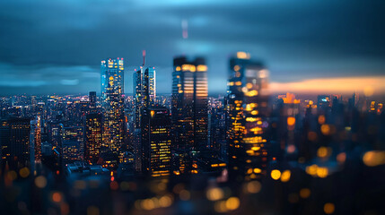 Fototapeta premium Stunning night cityscape view with illuminated skyscrapers and golden lights dark blue urban modern