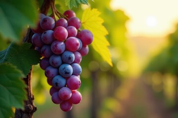A sun-drenched cluster of ripe grapes hangs heavy on the vine, bathed in the warm glow of the setting sun, a picturesque scene of autumnal harvest