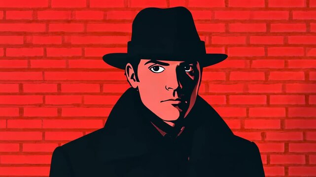 Retro Comic Illustration of Man in Black Hat Against Red Brick Wall with Vintage Style and Noir Theme