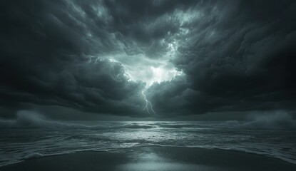 Fototapeta premium Dramatic Stormy Ocean Scene with Dark Clouds and Lightning Illuminating the Sky Above Turbulent Waters at Dusk
