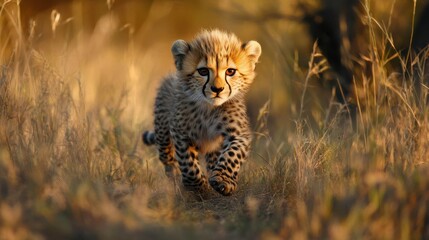 Playful Cheetah Cub Running Through Golden Grassland at Sunset