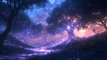 Naklejka premium A glowing forest with trees emitting soft, pulsing energy waves