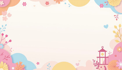 Soft pastel background with floral elements and decorative lanterns