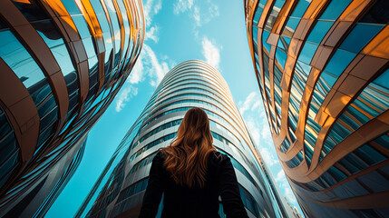 Ambitious woman looking up at modern glass skyscrapers in city hope blue urban dream career future