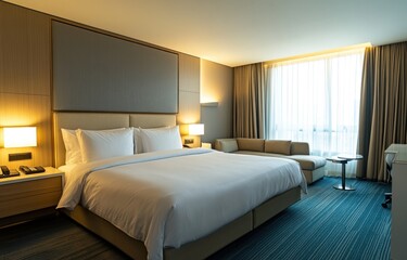 Modern hotel room with king bed, sofa, and large window.