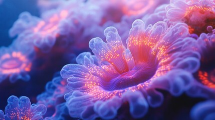 Fototapeta premium A glowing coral reef emitting bioluminescent energy pulses