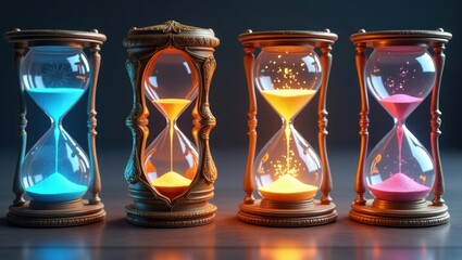 Fototapeta premium Elegant Ornate Hourglasses with Glowing Colorful Sands Time Concept