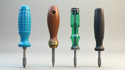 Collection of Four Stylish Screwdrivers with Diverse Handles and Metallic Tips